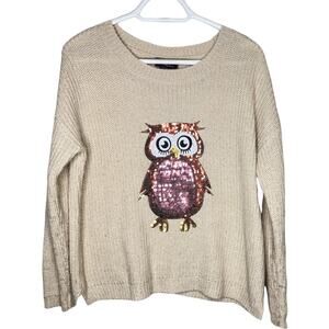 Hooked Up Sequined Owl Tan Chunky Knit Sweater Med